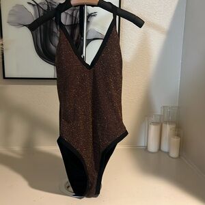Cupshe Brown & Gold & Black One Piece Halter Bathing Suit